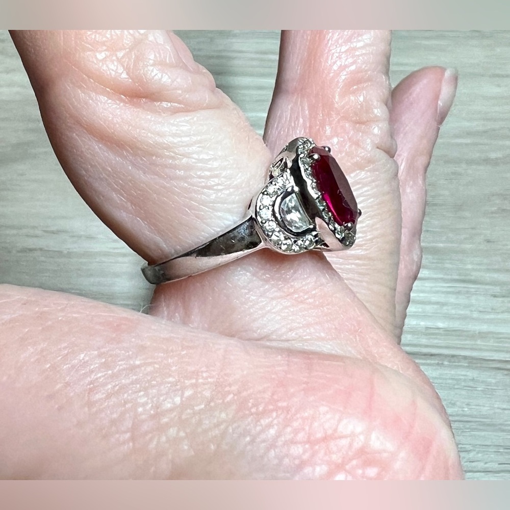 Designer Signed FE Sterling Silver Red & Clear Cubic Zirconia Halo Ring, Size 7 - Picture 10 of 11